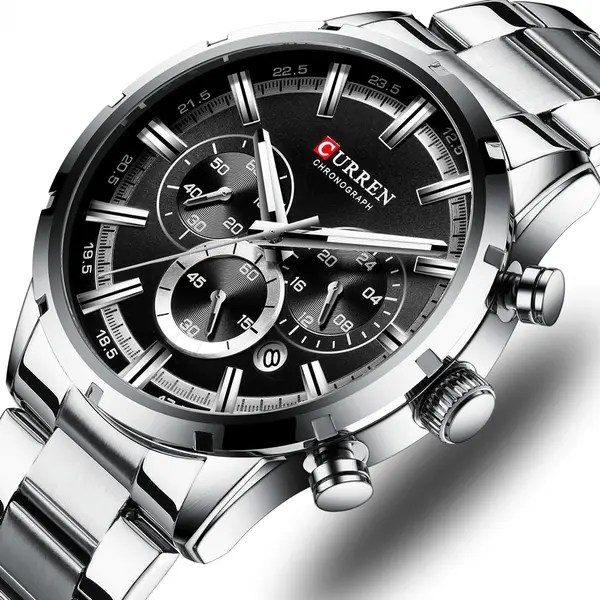 Curren 8355 High Quality Stainless Steel Chronograph Men's Watch – Dial Color: Black, Strap Color: Silver – View 3