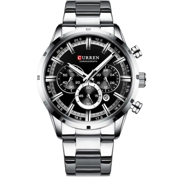 Curren 8355 High Quality Stainless Steel Chronograph Men's Watch – Dial Color: Black, Strap Color: Silver – View 1