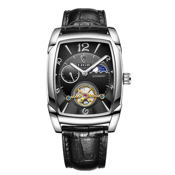 LIGE 8949 Exclusive Mechanical Leather Strap Moon Phase Casual Men's Watch – Dial Color: Black, Strap Color: Black – View 1
