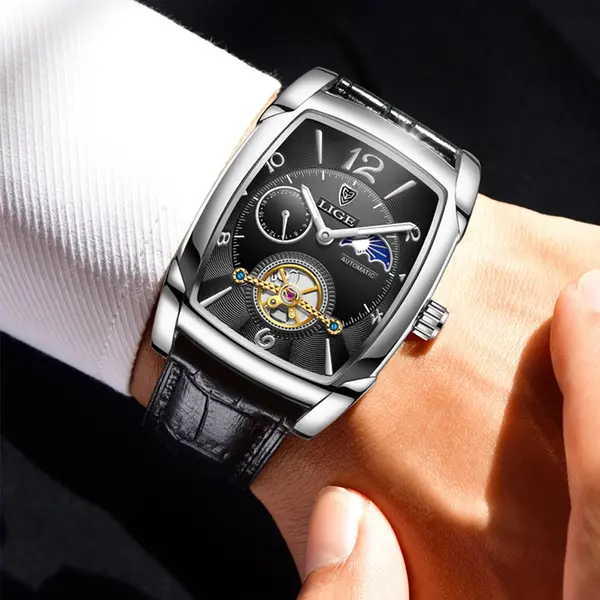 LIGE 8949 Exclusive Mechanical Leather Strap Moon Phase Casual Men's Watch – Dial Color: Black, Strap Color: Black – View 3
