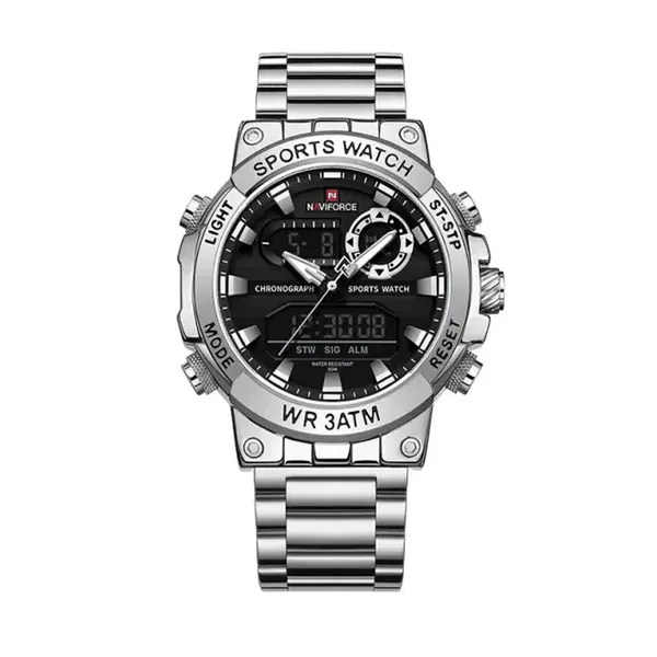 Naviforce 9237 Luxury Stainless Steel Strap Analog Digital Sports Men's Watch – Dial Color: Black, Strap Color: Silver – View 1