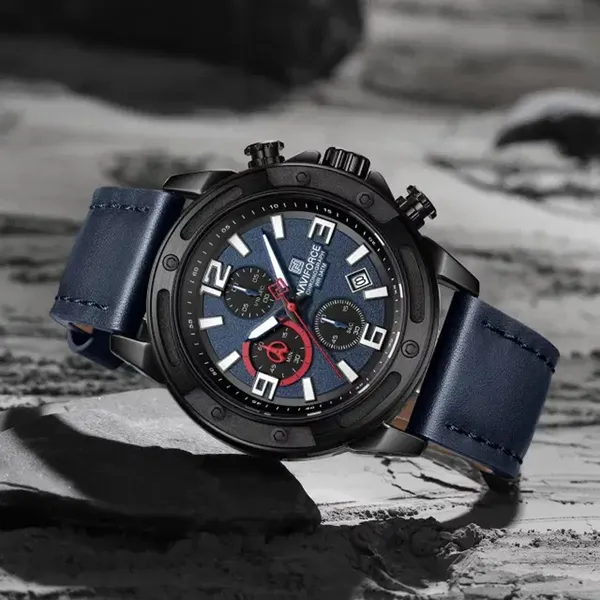 Naviforce 8074 Leather Strap Luminous Chronograph Men Quartz Wristwatch – Dial Color: Blue, Strap Color: Blue – View 2