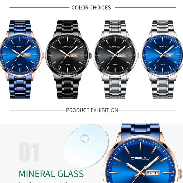 CRRJU 2193 High Qualityy Stainless Steel Sport and Casual Fashion Men's Watch – Dial Color: Blue, Strap Color: Blue – View 3