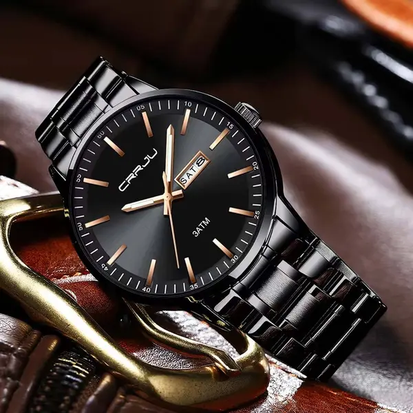 CRRJU 2193 High Qualityy Stainless Steel Sport and Casual Fashion Men's Watch – Dial Color: Black, Strap Color: Black – View 2