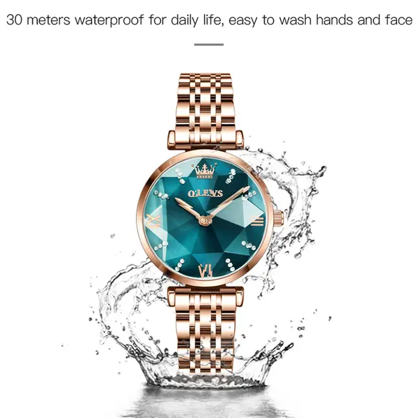 OLEVS 6642 Prisma Rose Gold Luxury Diamond Women’s Quartz Analog Watch – Dial Color: Green, Strap Color: Rose Gold – View 2