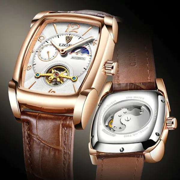 LIGE 8949 Exclusive Mechanical Leather Strap Moon Phase Casual Men's Watch – Dial Color: White, Strap Color:  Brown  – View 2