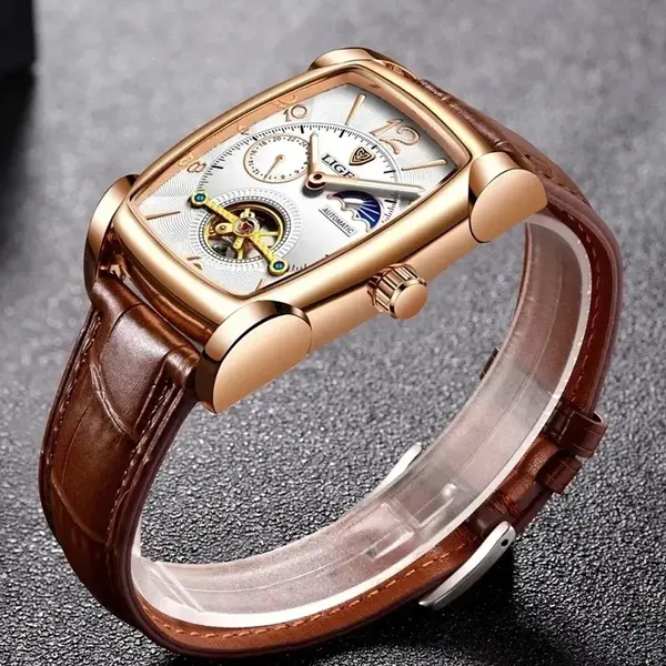 LIGE 8949 Exclusive Mechanical Leather Strap Moon Phase Casual Men's Watch – Dial Color: White, Strap Color:  Brown  – View 3