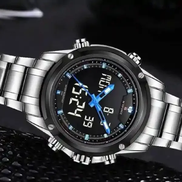 NAVIFORCE NF9050 Stainless Steel Dual Time Wrist Men's Watch – Dial Color: Black, Strap Color: Silver – View 2