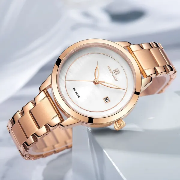 NAVIFORCE NF5008 Stainless Steel Analog Women's Watch – Dial Color: White, Strap Color: Rose – View 3