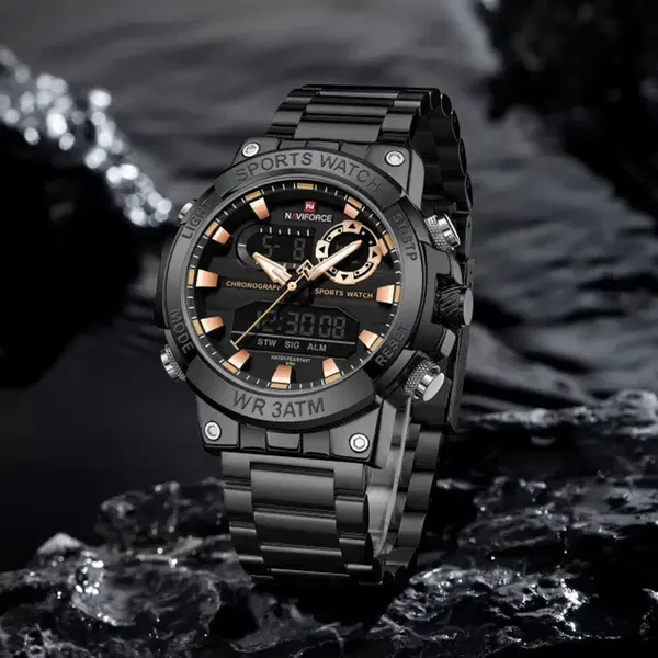 Naviforce 9237 Luxury Stainless Steel Strap Analog Digital Sports Men's Watch – Dial Color: Black, Strap Color: Black – View 2