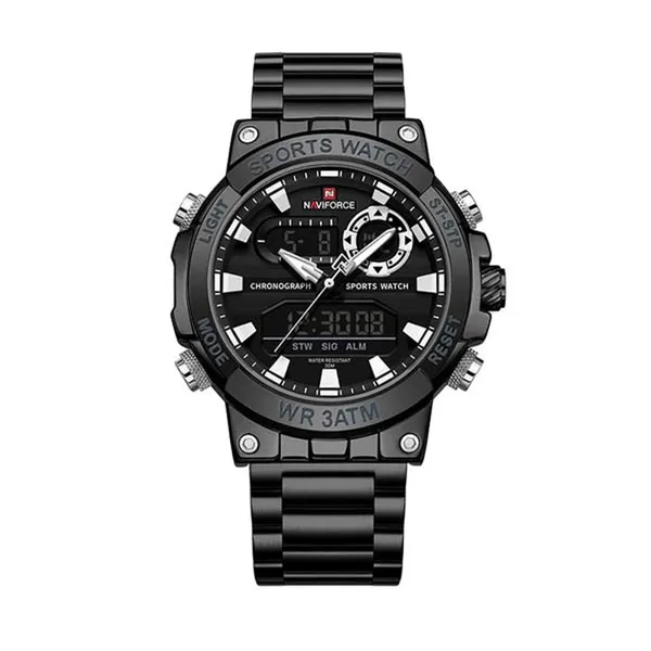 Naviforce 9237 Luxury Stainless Steel Strap Analog Digital Sports Men's Watch – Dial Color: Black, Strap Color: Black – View 1