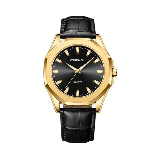 CRRJU 5015 Comfortable Genuine Leather Strap Luxury Fashion Men's Watch – Dial Color: Gold, Strap Color: Black – View 1