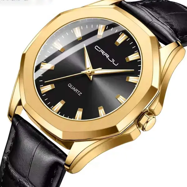 CRRJU 5015 Comfortable Genuine Leather Strap Luxury Fashion Men's Watch – Dial Color: Gold, Strap Color: Black – View 2