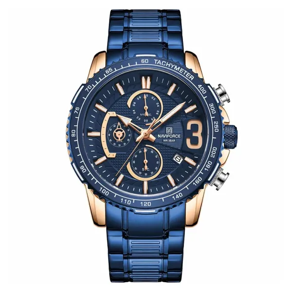 NAVIFORCE NF8017 Multifunction Stainless Steel Quartz Men's Watch – Dial Color: Blue, Strap Color: Blue – View 1