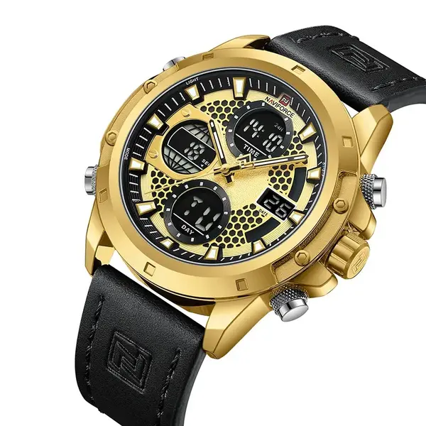 Naviforce NF9225 Elite Leather Dual Time Quartz Classic Men's Watch – Dial Color: Gold, Strap Color: Black – View 3