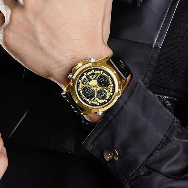 Naviforce NF9225 Elite Leather Dual Time Quartz Classic Men's Watch – Dial Color: Gold, Strap Color: Black – View 4