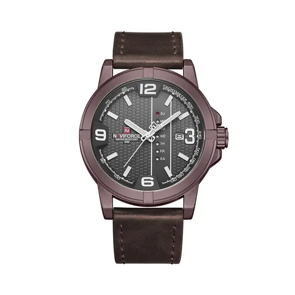Naviforce NF9177 Top Quality Leather Strap Creative Calendar Unique Fashion Men's Watch – Dial Color: Black, Strap Color: Maroon – View 1