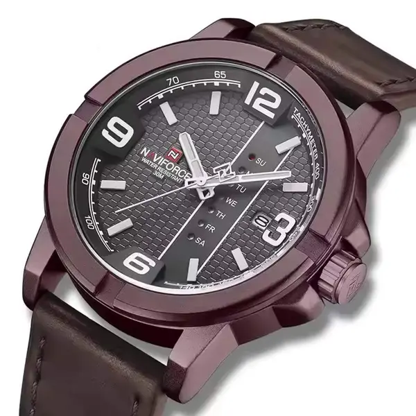 Naviforce NF9177 Top Quality Leather Strap Creative Calendar Unique Fashion Men's Watch – Dial Color: Black, Strap Color: Maroon – View 2