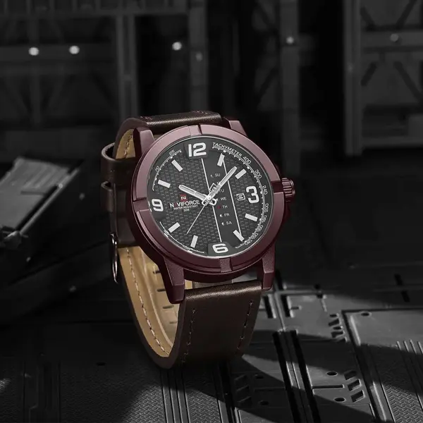 Naviforce NF9177 Top Quality Leather Strap Creative Calendar Unique Fashion Men's Watch – Dial Color: Black, Strap Color: Maroon – View 4