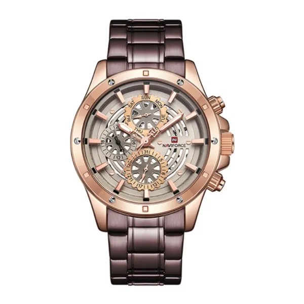 Naviforce NF9150 Luxury Steel Quartz Waterproof Sport Men's Watch – Dial Color: Gold, Strap Color: Rose – View 1