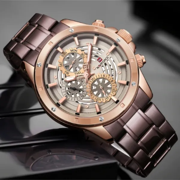 Naviforce NF9150 Luxury Steel Quartz Waterproof Sport Men's Watch – Dial Color: Gold, Strap Color: Rose – View 3
