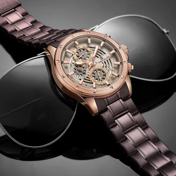 Naviforce NF9150 Luxury Steel Quartz Waterproof Sport Men's Watch – Dial Color: Gold, Strap Color: Rose – View 4
