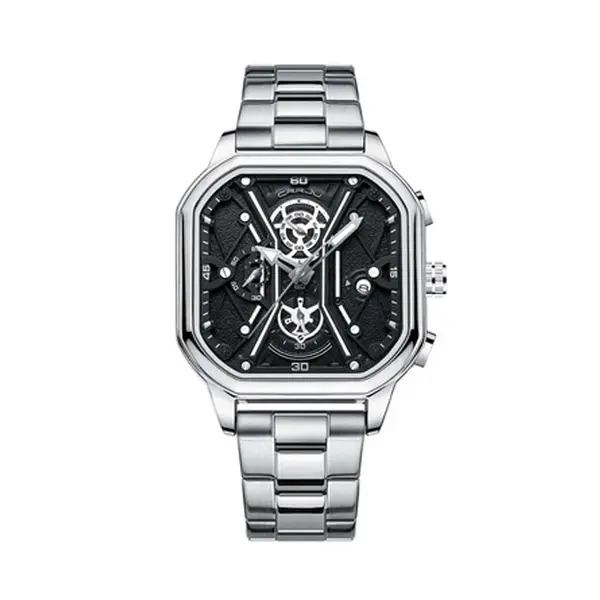 CRRJU 2313 Comfortable Stainless Steel Multifunctional Chronograph Luminous Dial Casual Men's Watch – Dial Color: Black, Strap Color: Silver – View 1