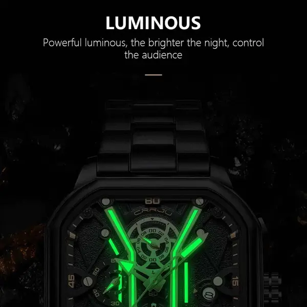 CRRJU 2313 Comfortable Stainless Steel Multifunctional Chronograph Luminous Dial Casual Men's Watch – Dial Color: Black, Strap Color: Silver – View 2