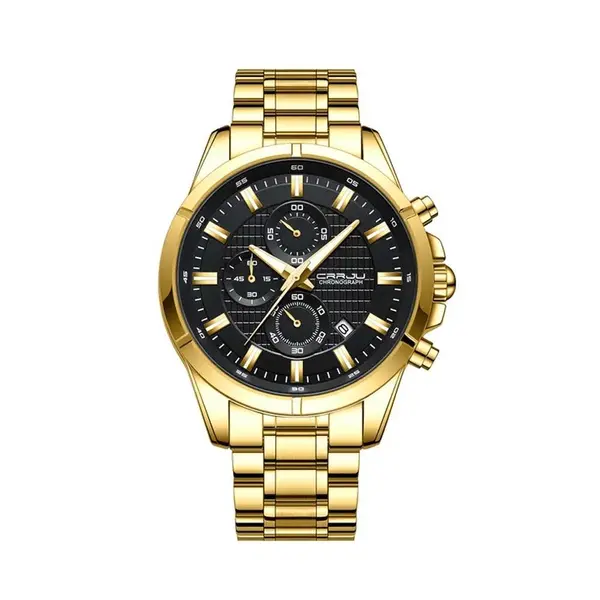 CRRJU 2308 Luxury Redefined Stainless Steel Analog Quartz Men's Watch – Dial Color: Black, Strap Color: Gold  – View 1