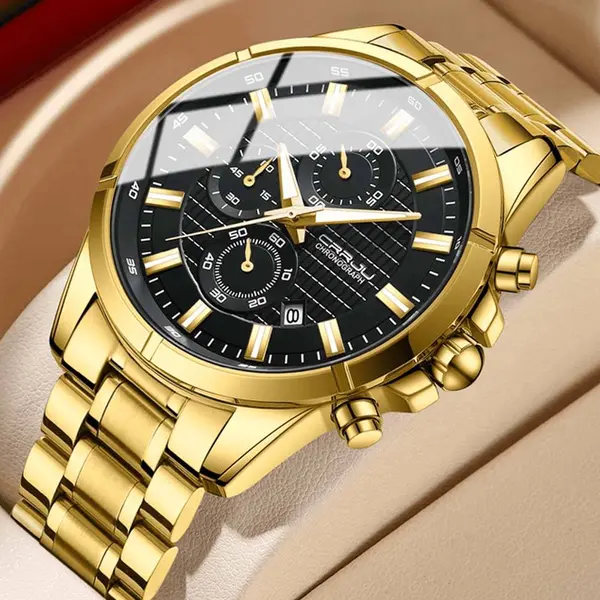CRRJU 2308 Luxury Redefined Stainless Steel Analog Quartz Men's Watch – Dial Color: Black, Strap Color: Gold  – View 2