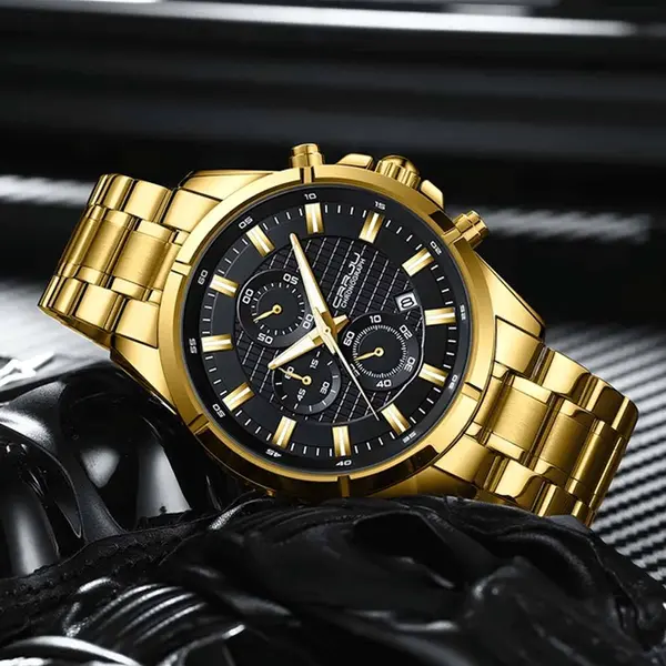 CRRJU 2308 Luxury Redefined Stainless Steel Analog Quartz Men's Watch – Dial Color: Black, Strap Color: Gold  – View 3