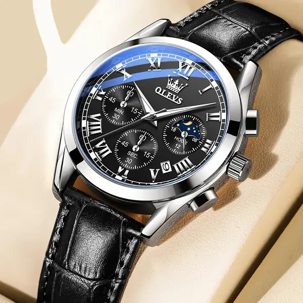 OLEVS 2871 Bold Style Leather Strap Luminous Chronograph Men's Quartz Wristwatch – Dial Color: Silver, Strap Color: Black – View 3