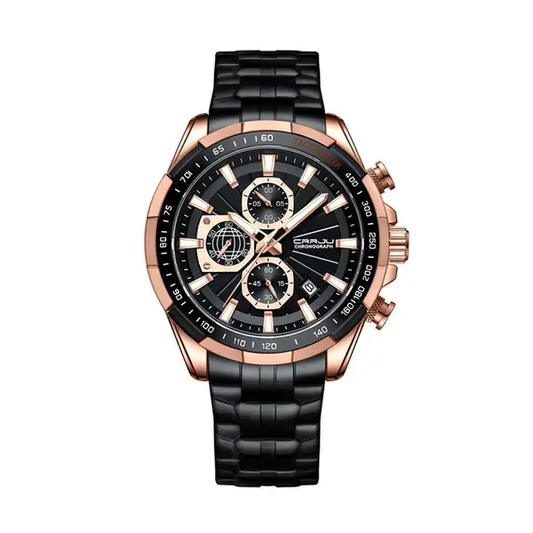 CRRJU 2305 High Quality Stainless Steel Multifunctional Classic Fashion Men's Watch – Dial Color: Rose Gold, Strap Color: Black – View 1