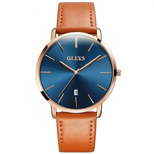 OLEVS 5869 Comfy Leather Strap Waterproof Ultra Slim Couple's Wristwatch – Dial Color: Blue, Strap Color: Orange – View 2