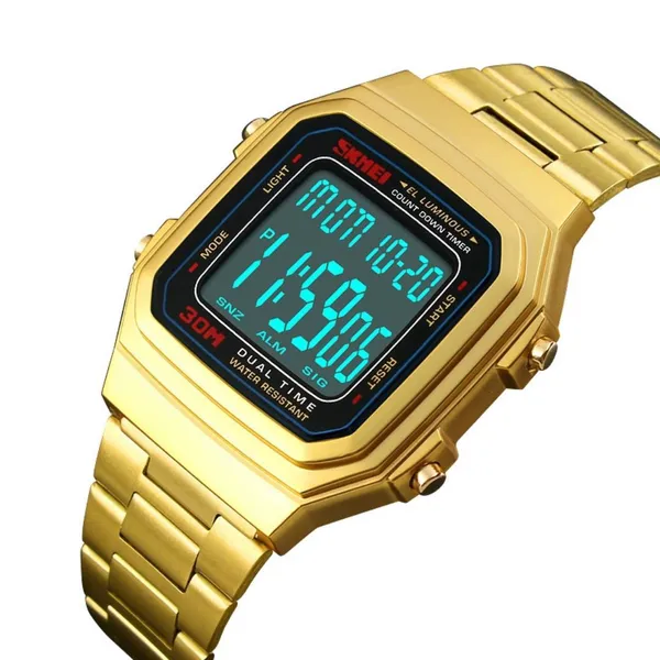 Skmei 1337 Stainless Steel Square Men's Watch – Dial Color: Black, Strap Color: Gold  – View 2
