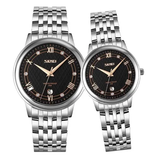SKMEI 9272 Stainless Steel Buckle Strap Waterproof Quartz Unisex Watch – Dial Color: Black, Strap Color: Silver – View 1