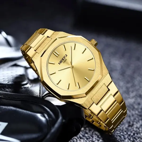 Nibosi 2520 Polygon Waterproof & Stainless Steel Strap Men's Watch – Dial Color: Gold, Strap Color: Gold – View 3