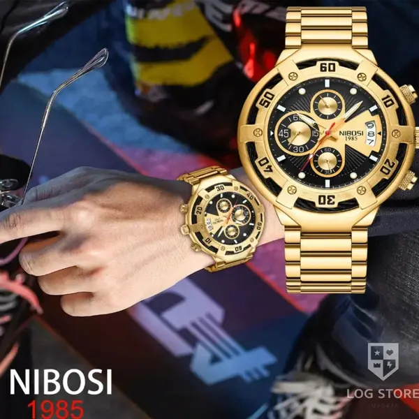 Nibosi 2577 Multifunctional Stainless Steel Fashionable Chronograph Analog Men's Watch – Dial Color: Black Gold, Strap Color: Gold – View 3