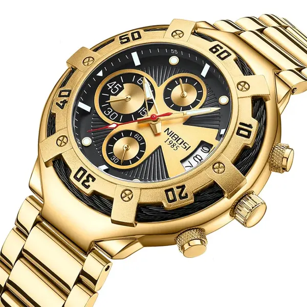 Nibosi 2577 Multifunctional Stainless Steel Fashionable Chronograph Analog Men's Watch – Dial Color: Black Gold, Strap Color: Gold – View 2