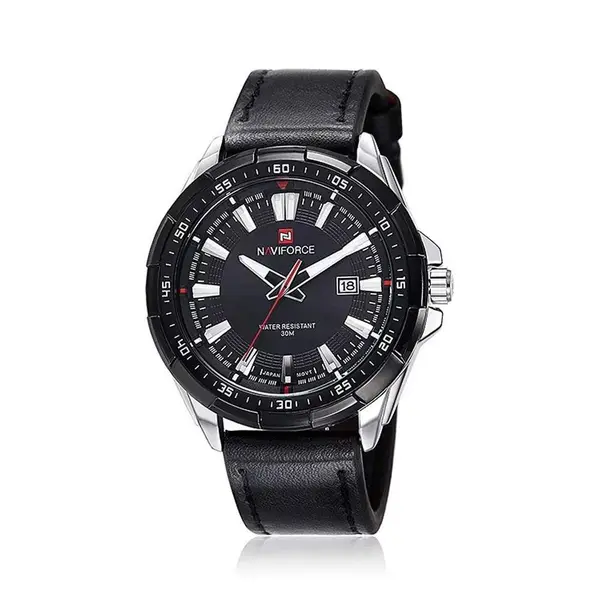 Naviforce NF9056 Comfortable Genuine Leather Strap Quartz Men' Fashion Watch  – Dial Color: Black, Strap Color: Black – View 1