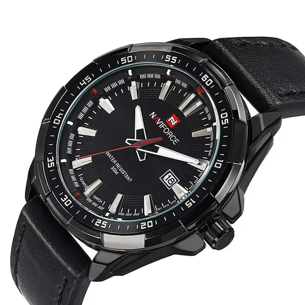 Naviforce NF9056 Comfortable Genuine Leather Strap Quartz Men' Fashion Watch  – Dial Color: Black, Strap Color: Black – View 2