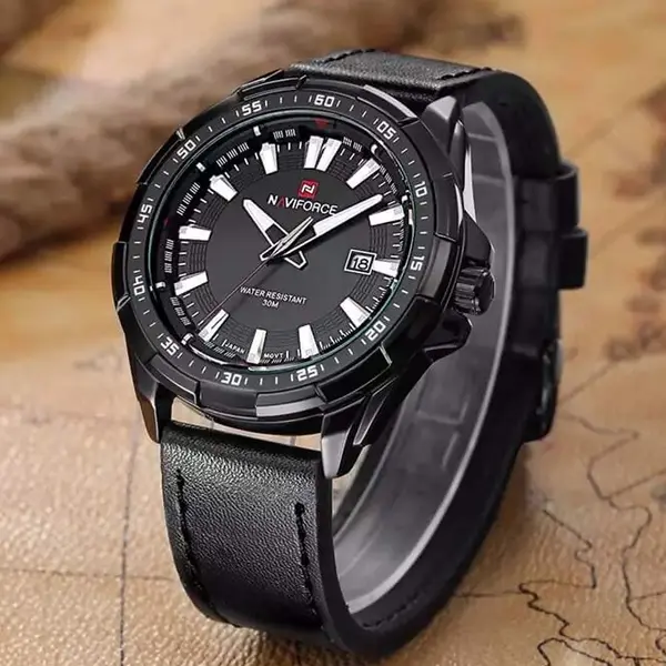 Naviforce NF9056 Comfortable Genuine Leather Strap Quartz Men' Fashion Watch  – Dial Color: Black, Strap Color: Black – View 3