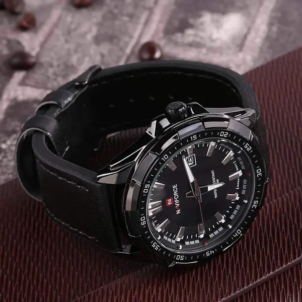 Naviforce NF9056 Comfortable Genuine Leather Strap Quartz Men' Fashion Watch  – Dial Color: Black, Strap Color: Black – View 4