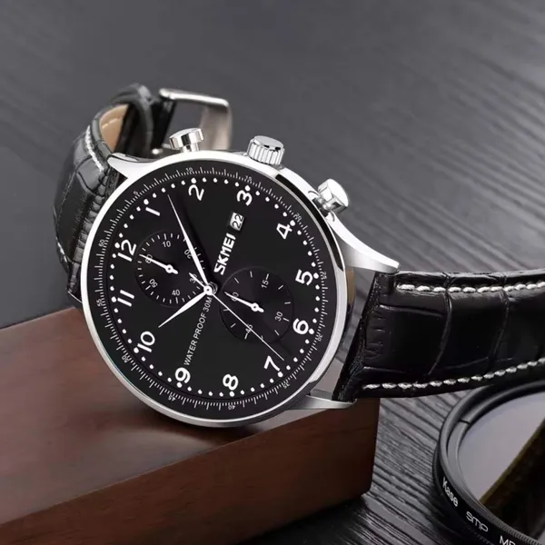 Skmei 9301 Leather Quartz Stainless Steel Men's Watch – Dial Color: Black, Strap Color: Black – View 3