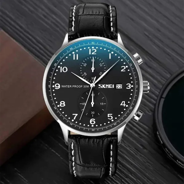 Skmei 9301 Leather Quartz Stainless Steel Men's Watch – Dial Color: Black, Strap Color: Black – View 4