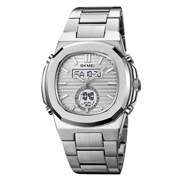 Skmei 2279 Dual Time Stainless Steel Digital Men's Watch – Dial Color: Silver, Strap Color: Silver – View 1