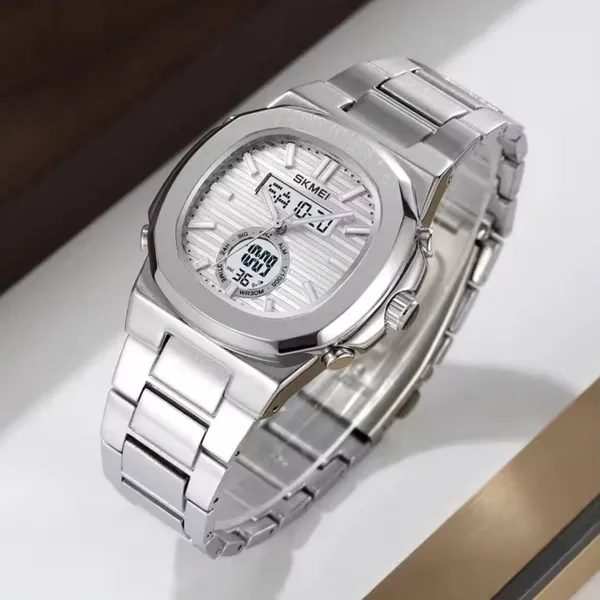 Skmei 2279 Dual Time Stainless Steel Digital Men's Watch – Dial Color: Silver, Strap Color: Silver – View 3