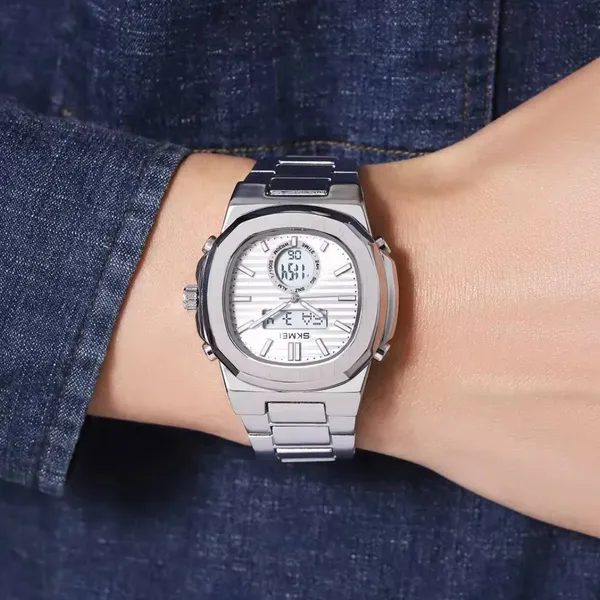 Skmei 2279 Dual Time Stainless Steel Digital Men's Watch – Dial Color: Silver, Strap Color: Silver – View 5