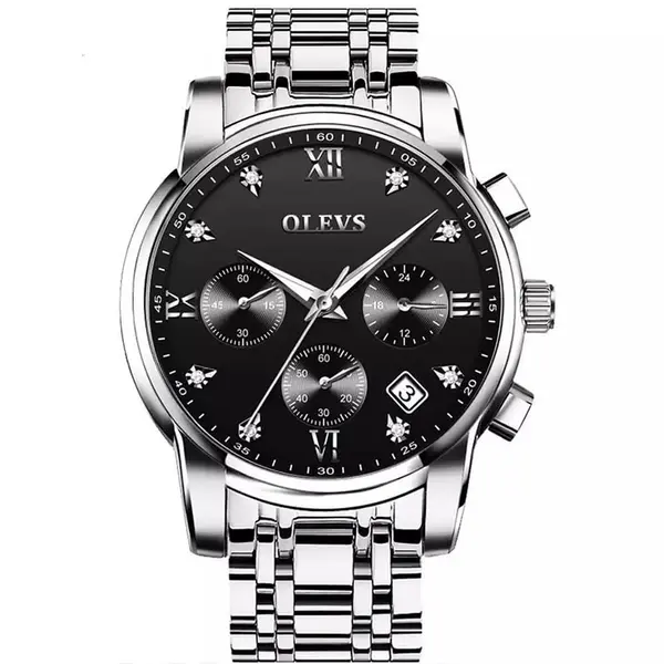 OLEVS 2858 Stainless Steel Waterproof Chronograph Luminous Men's Watch – Dial Color: Black, Strap Color: Silver – View 1