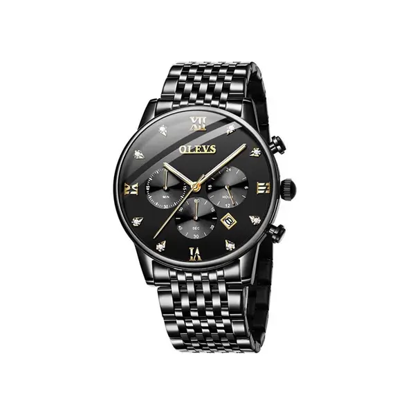 OLEVS 2868 Luxurious Waterproof Braided Stainless Steel Chain Men's Quartz Watch – Dial Color: Black, Strap Color: Black – View 1